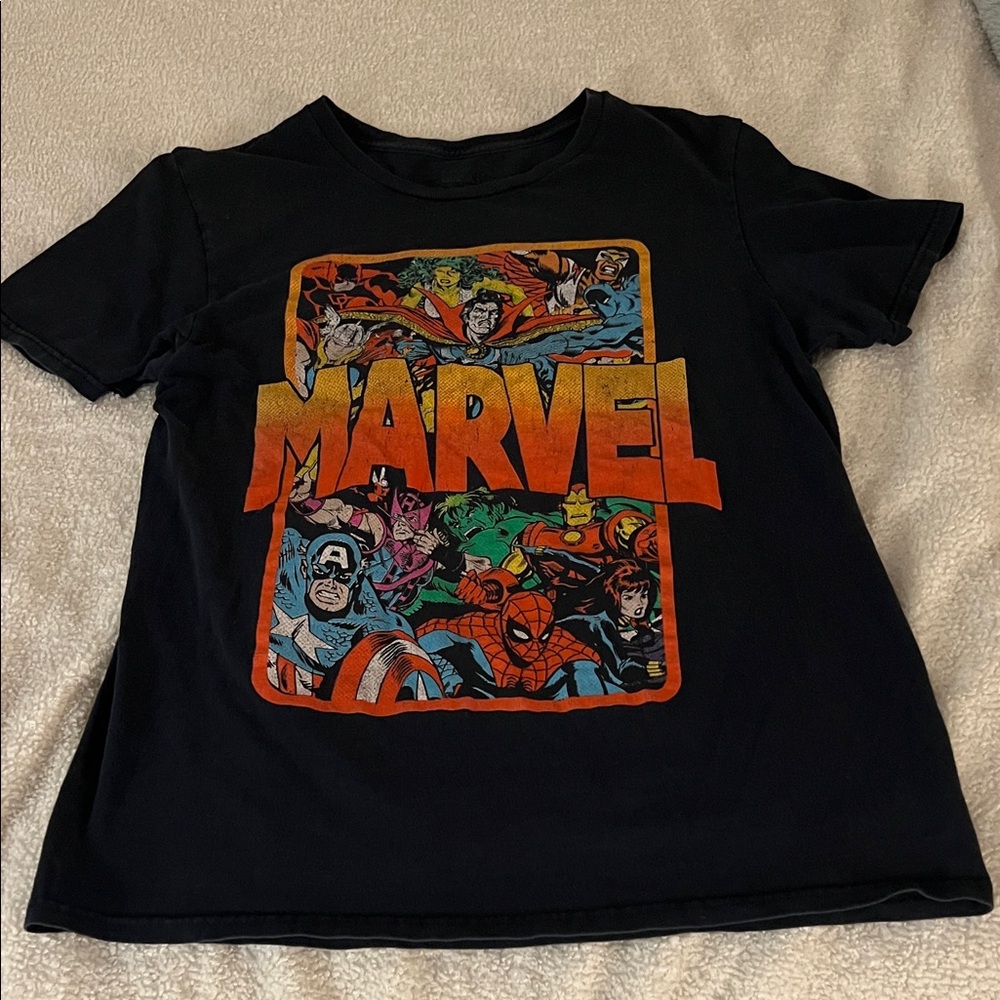 Marvel Black Tee with Colorful Superhero Print